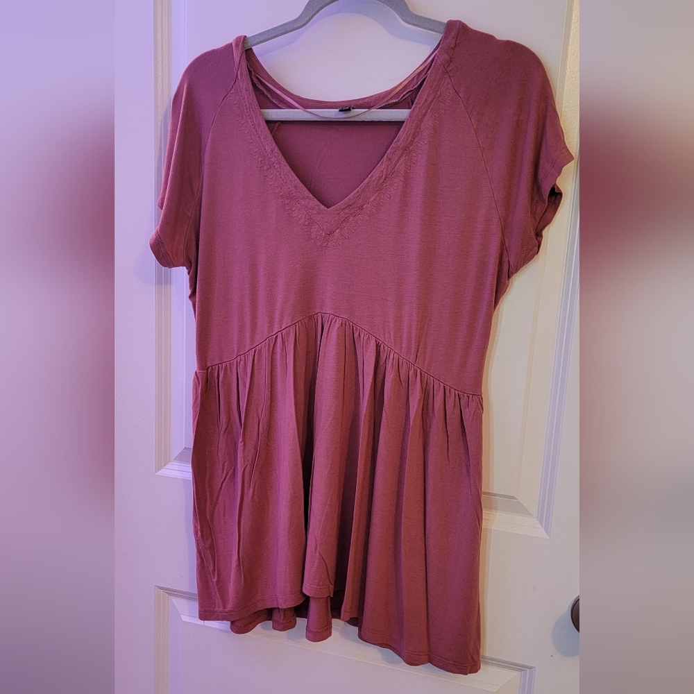 Women’s V-Neck Short Sleeve Peplum Top - Dusty Rose Size XL